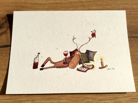 X Postkarte Monsieur Ren liest / Wein (Erichsen)